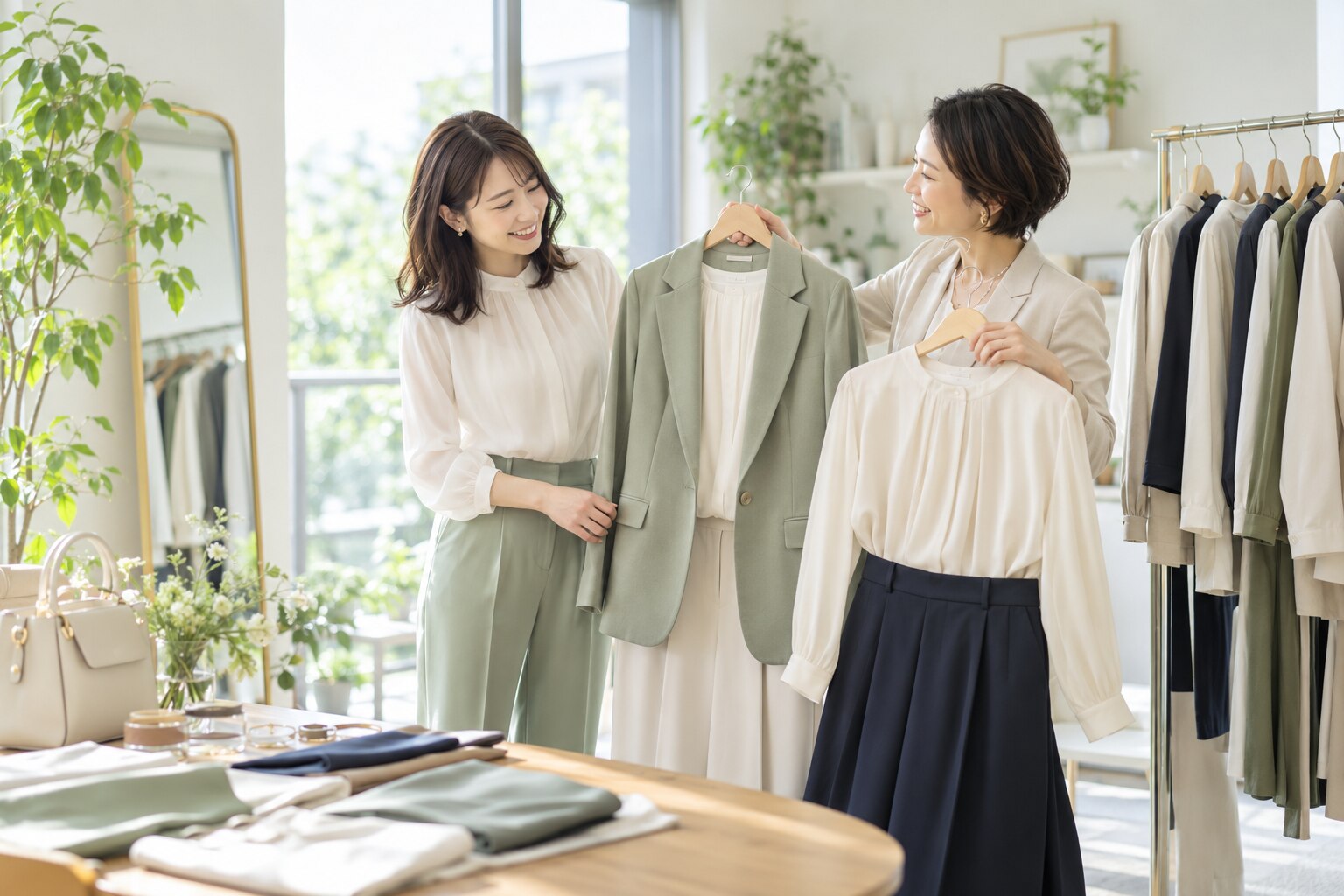 スタイリストと一緒に仕事服を選ぶ女性社員