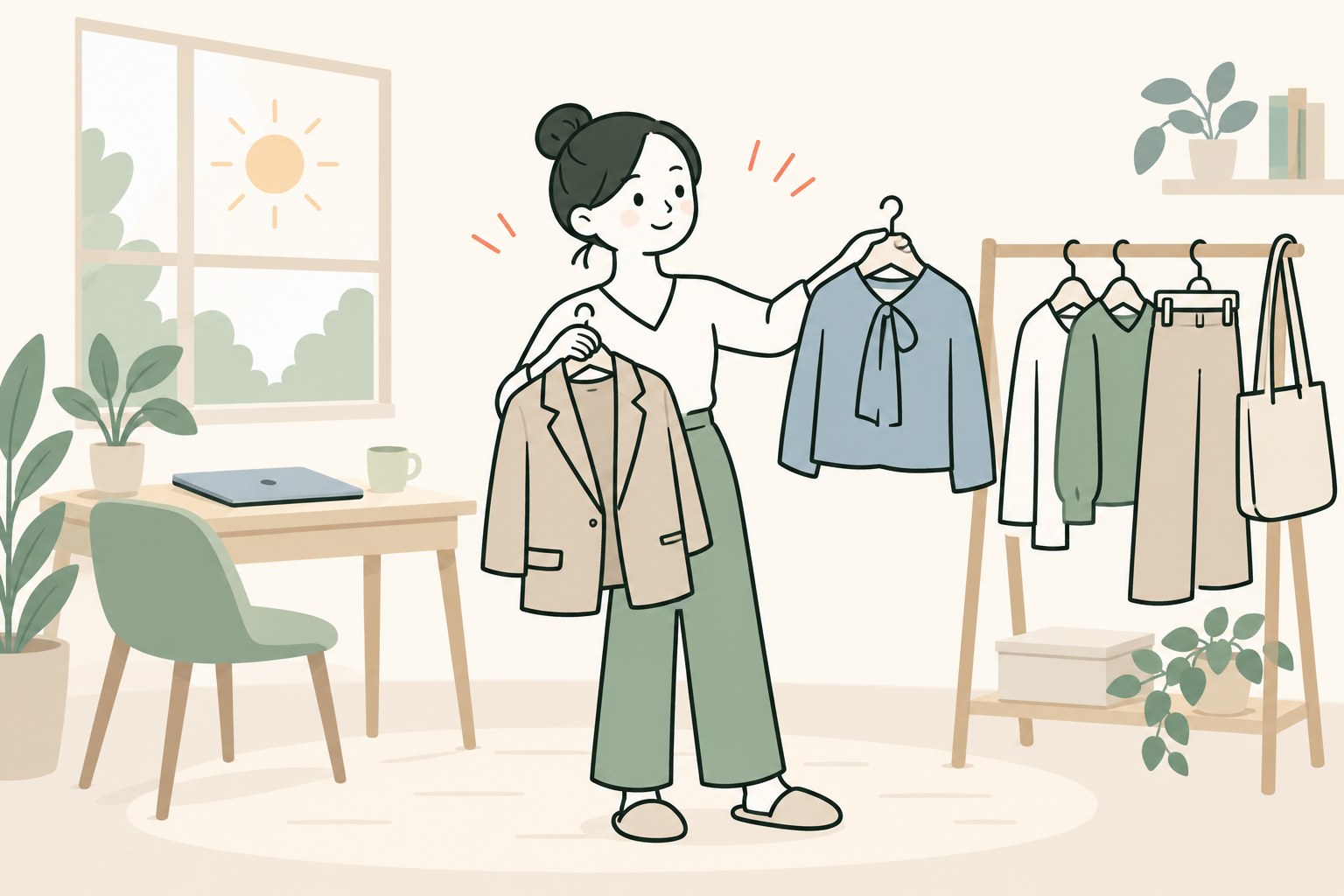 仕事の日の服を選ぶ女性のイラスト