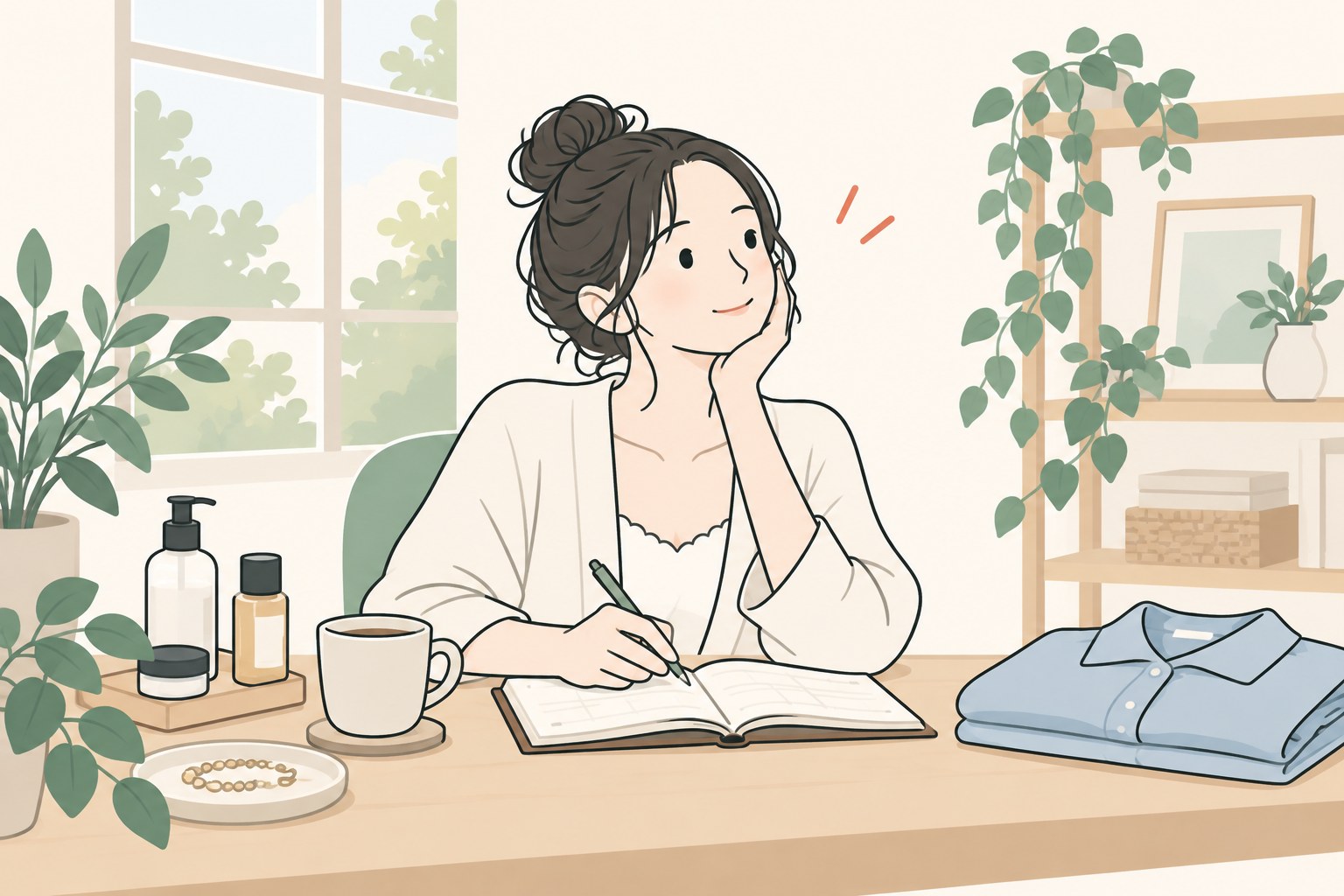 朝のセルフケア時間に手帳を書く女性のイラスト