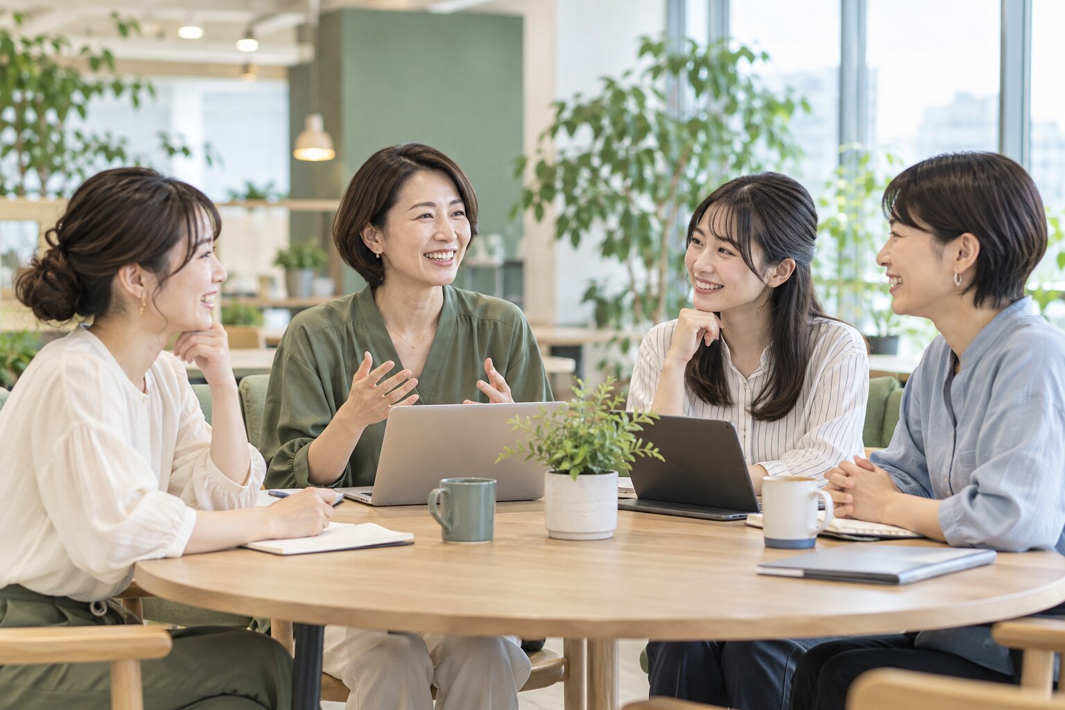 和やかに会話をする女性社員のチーム